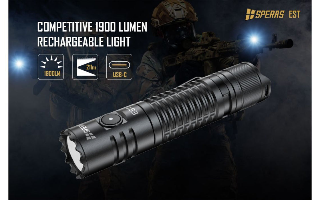 SPERAS EST USB-C Rechargeable 1900 Lumen Compact Torch - 211 Metres