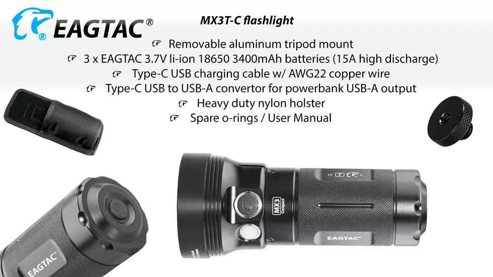 Eagtac MX3T-C Type-C Rechargeable Compact 10,000 Lumen Search Light with Power Bank Function - 531 Metres