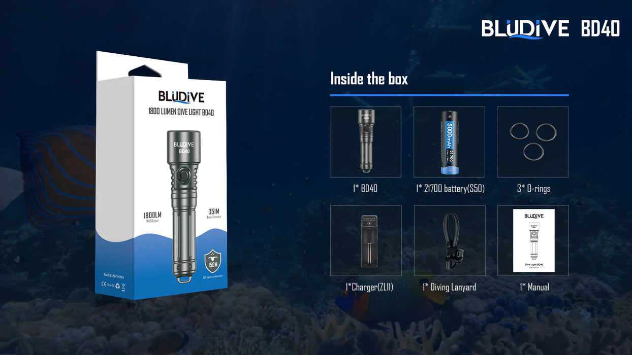 BluDive BD40 Dive Torch with Strobe - 1800 Lumens, 150 Metres Diving Depth