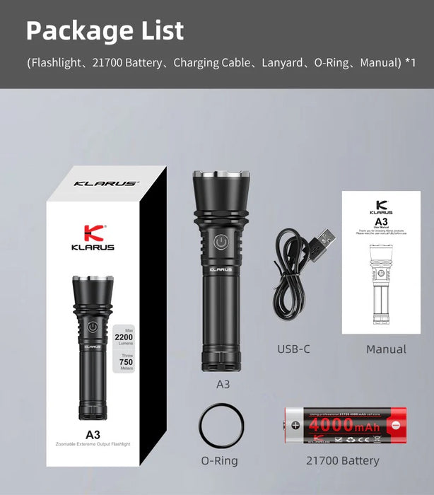 Klarus A3 Rechargeable Zoomable Flashlight – 2200 Lumens, 750 Metres