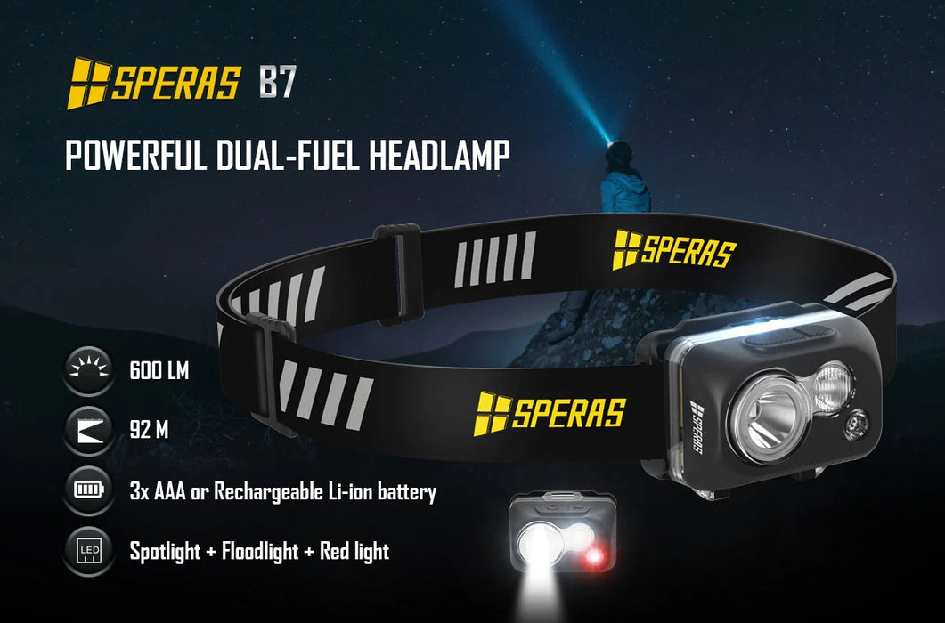 SPERAS B7 Lightweight Dual-Fuel Headlamp with Red Light – 600 Lumens, 92 Metres