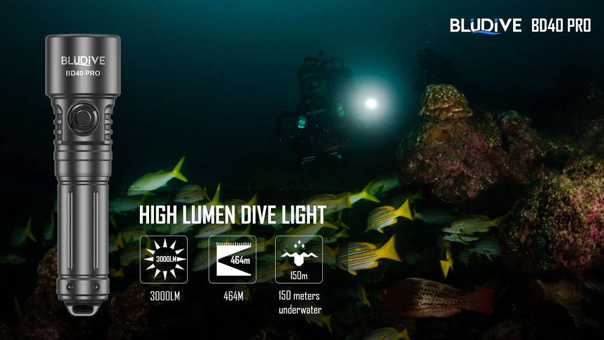 BluDive BD40 PRO Dive Torch – 3000 Lumens, 150 Metres Diving Depth