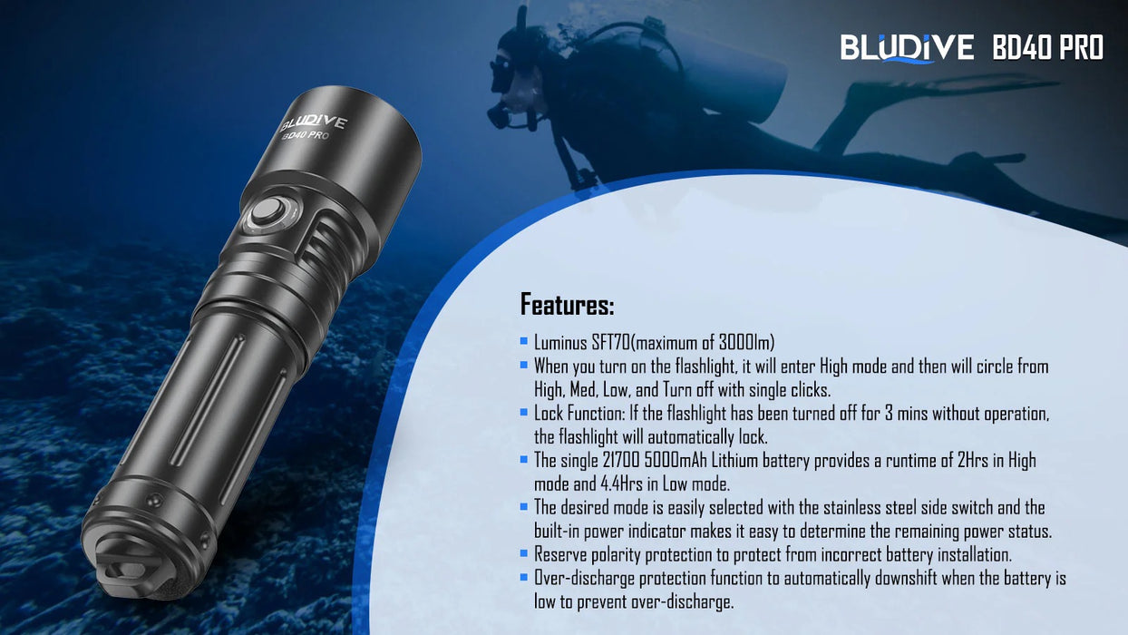 BluDive BD40 PRO Dive Torch – 3000 Lumens, 150 Metres Diving Depth