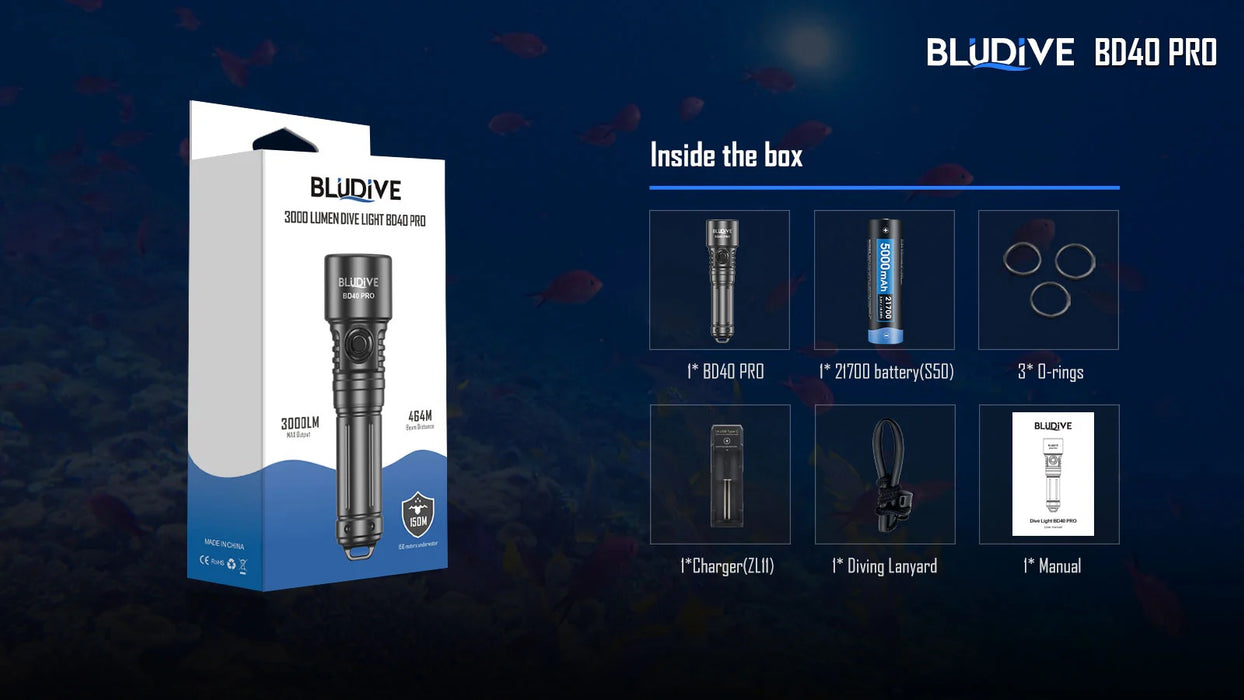 BluDive BD40 PRO Dive Torch – 3000 Lumens, 150 Metres Diving Depth