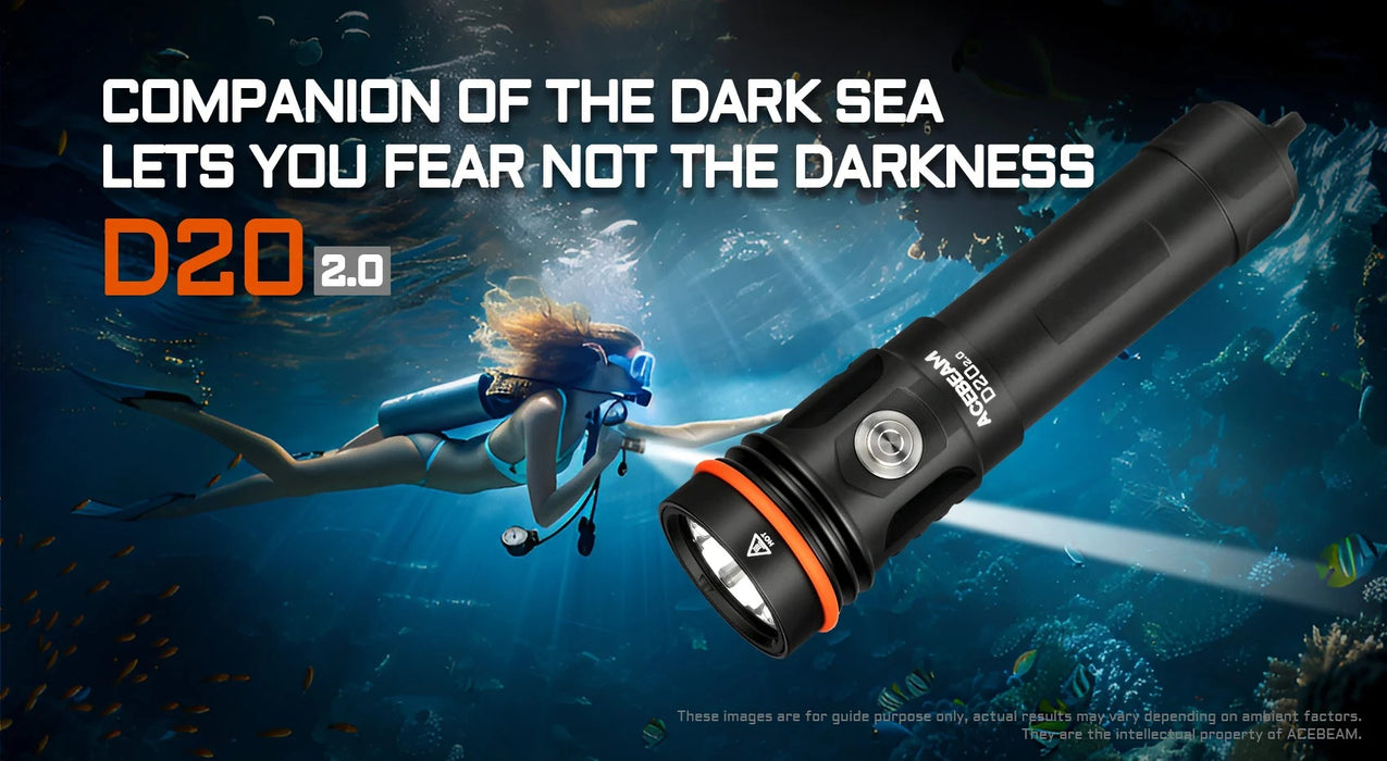 AceBeam D20 2.0 Professional Dive Torch (Cool White) – 2200 Lumens, 200 Metres Diving Depth