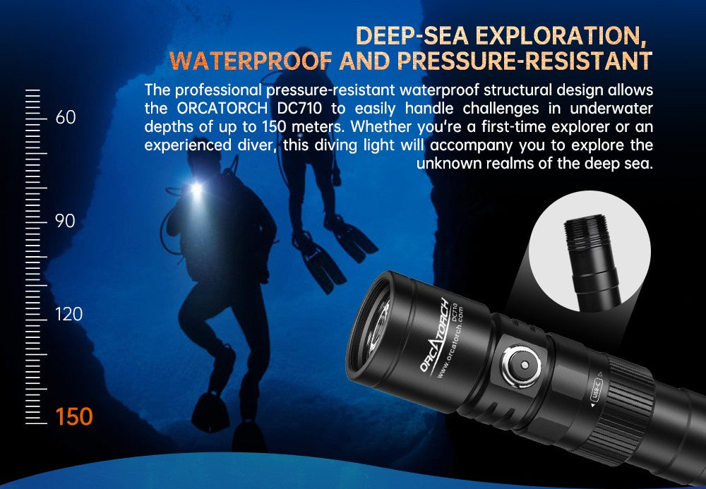 OrcaTorch DC710 Rechargeable Dive Torch - 3000 Lumens, 150 Metres Diving Depth