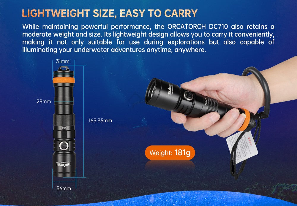 OrcaTorch DC710 Rechargeable Dive Torch - 3000 Lumens, 150 Metres Diving Depth