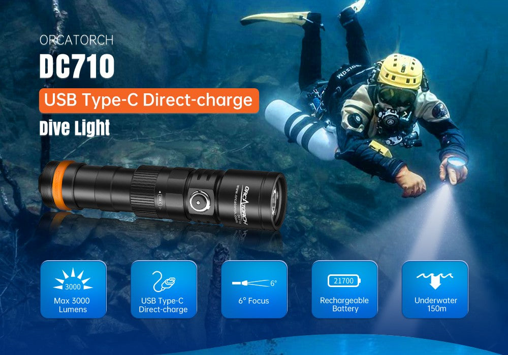 OrcaTorch DC710 Rechargeable Dive Torch - 3000 Lumens, 150 Metres Diving Depth