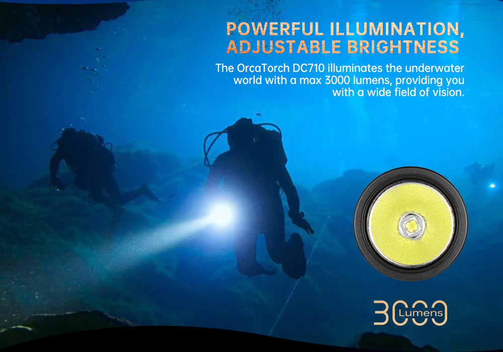 OrcaTorch DC710 Rechargeable Dive Torch - 3000 Lumens, 150 Metres Diving Depth