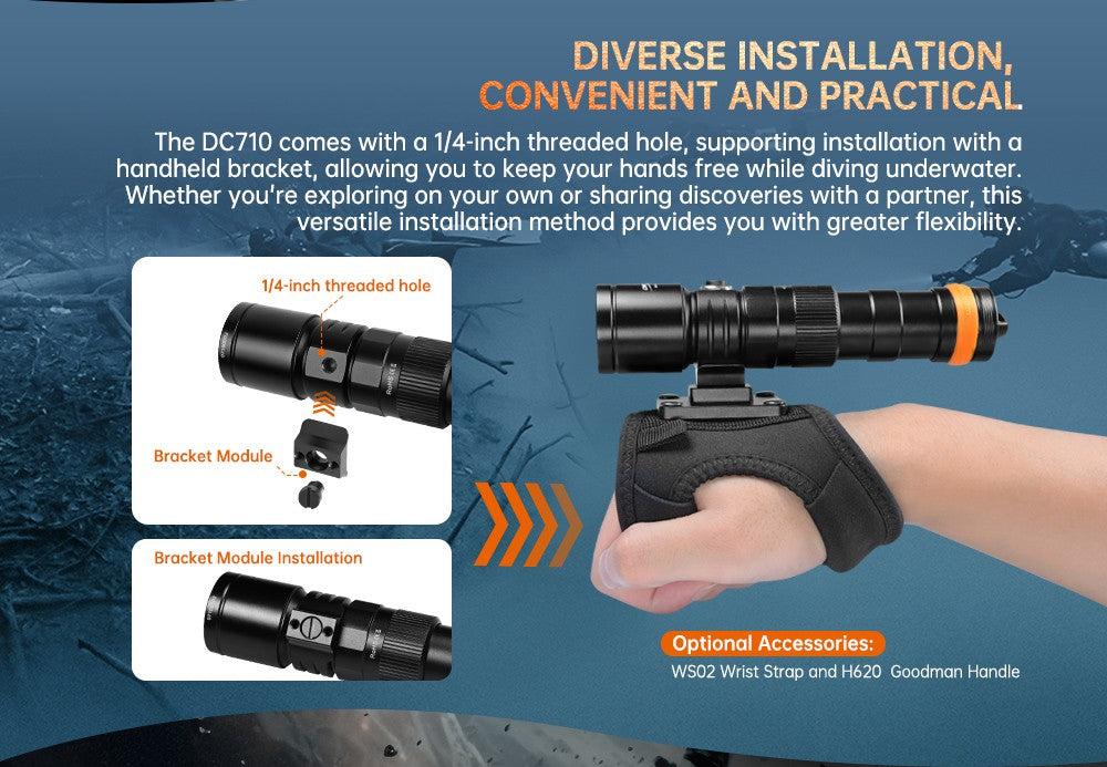 OrcaTorch DC710 Rechargeable Dive Torch - 3000 Lumens, 150 Metres Diving Depth