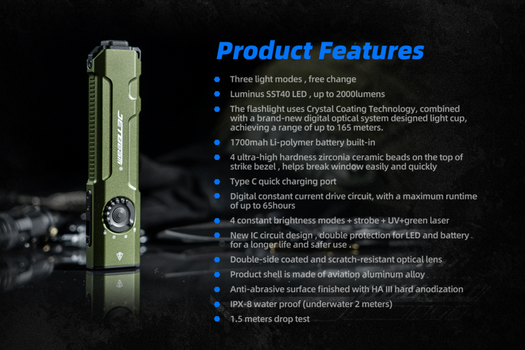 JETBeam E26-UV KUNAI Rechargeable Pocket Torch with 365nm UV and 5mW Green Laser - 2000 Lumens