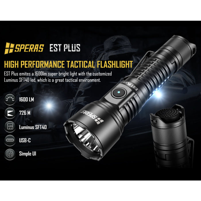 SPERAS EST PLUS Rechargeable Long Range 1600 Lumen Torch - 726 Metres