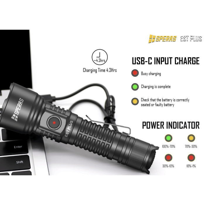 SPERAS EST PLUS Rechargeable Long Range 1600 Lumen Torch - 726 Metres