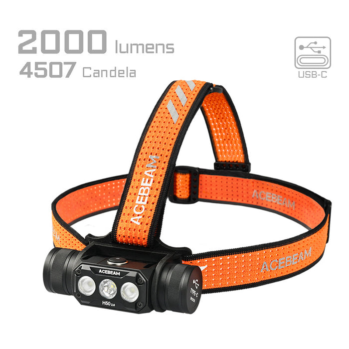 AceBeam H50 2.0 High Performance Rechargeable 2000 Lumen High CRI Headlamp - 141 Metres