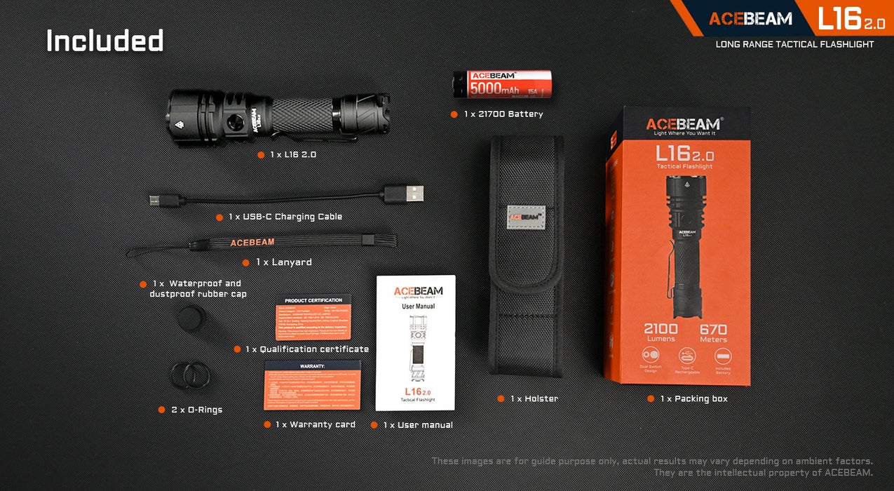 AceBeam L16 2.0 Rechargeable Compact Tactical Flashlight - 2100 Lumens, 670 Metres