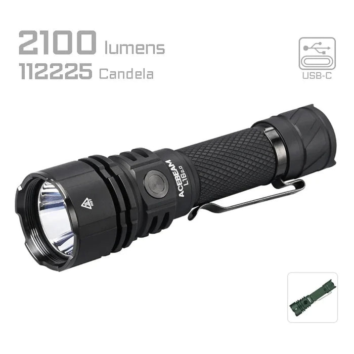 AceBeam L16 2.0 Rechargeable Compact Tactical Flashlight - 2100 Lumens, 670 Metres