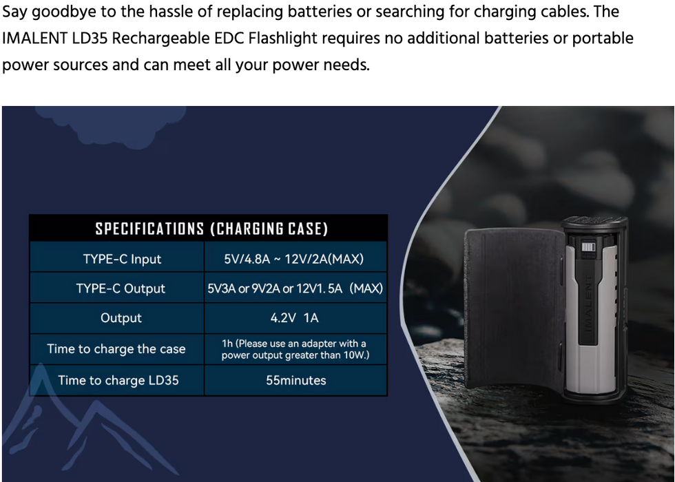 Imalent LD35 Rechargeable EDC Flashlight with Wireless Charging Case – 1200 Lumens, 328 Metres