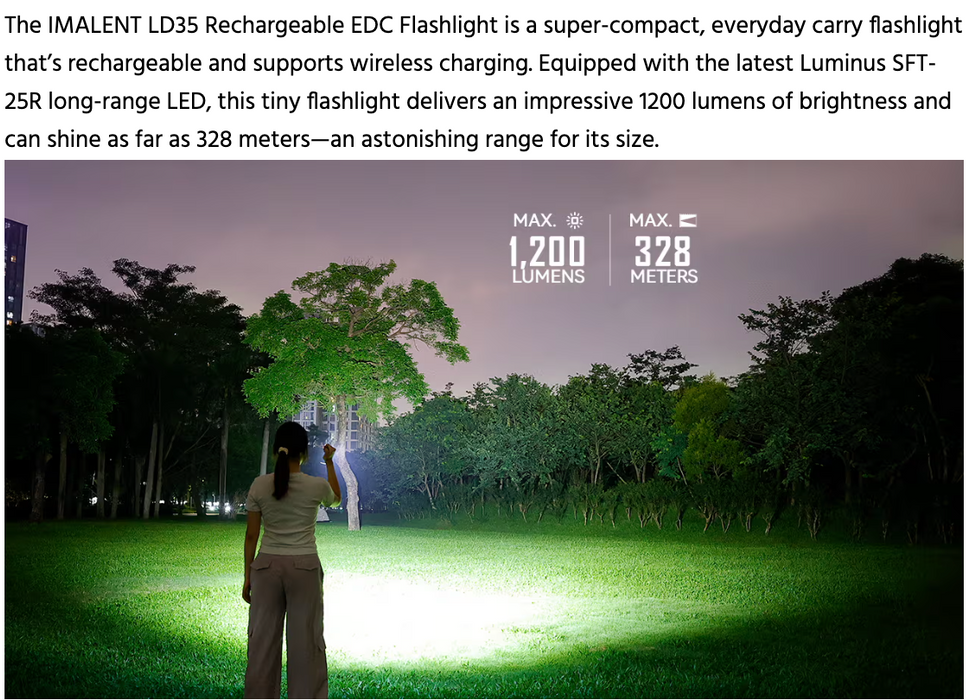 Imalent LD35 Rechargeable EDC Flashlight with Wireless Charging Case – 1200 Lumens, 328 Metres