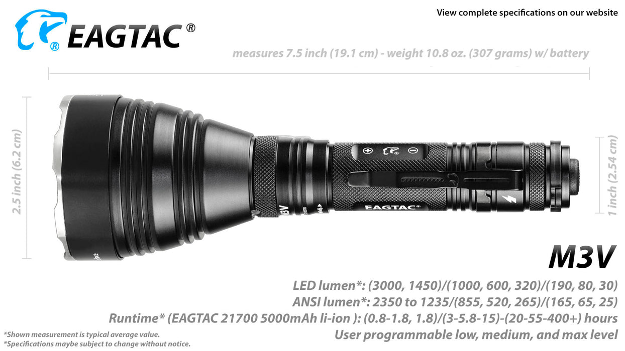 Eagtac M3V Rechargeable Hunting Torch Kit - 3000 Lumens, 877 Metres