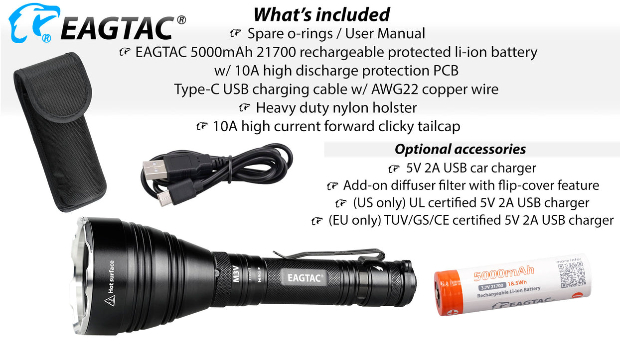 Eagtac M3V Rechargeable Hunting Torch Kit - 3000 Lumens, 877 Metres