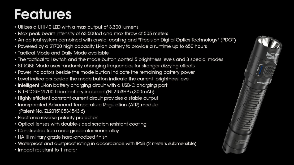 Nitecore MH12 Pro Rechargeable Pocket Torch - 3300 Lumens, 505 Metres