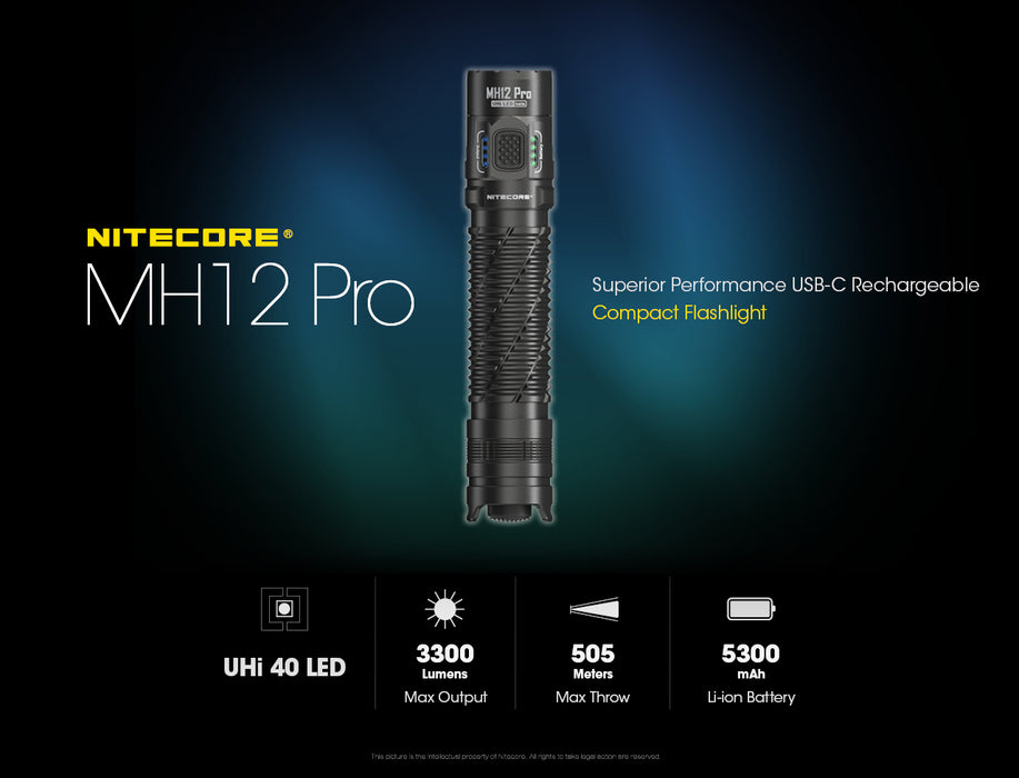 Nitecore MH12 Pro Rechargeable Pocket Torch - 3300 Lumens, 505 Metres