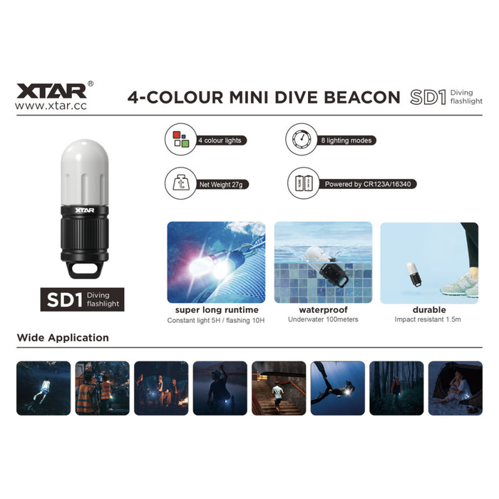 XTAR SD1 Mini Diving Beacon Light with 4 LED Colours in 1