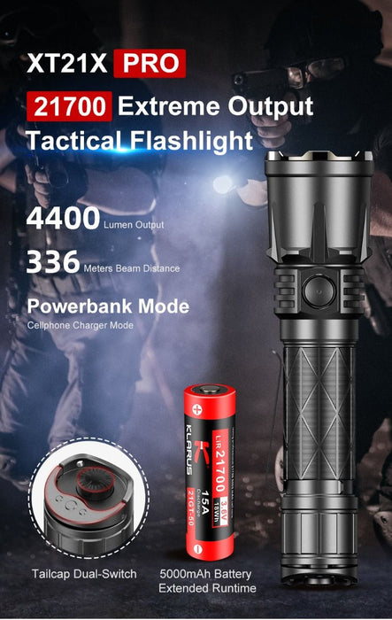 Klarus XT21X Pro Rechargeable Tactical Flashlight – 4400 Lumens, 336 Metres