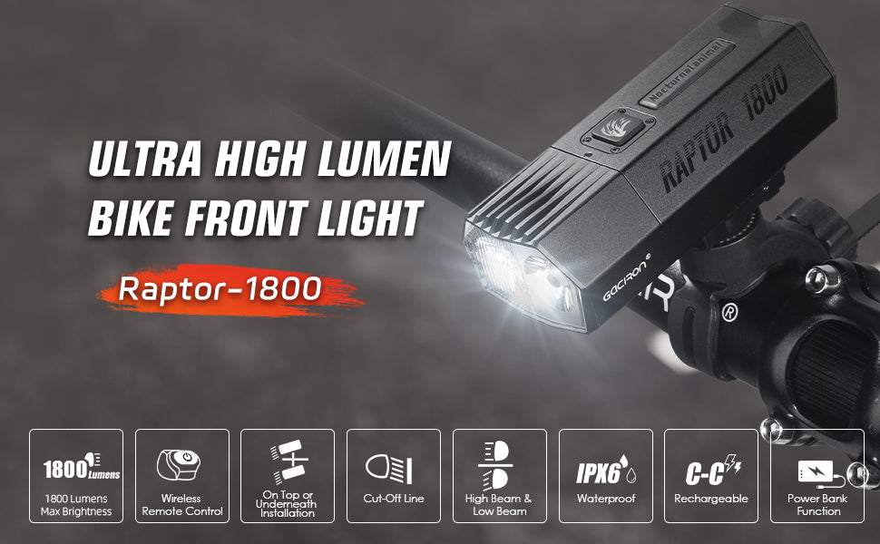 Gaciron Raptor-1800 Rechargeable Front Bike Light with Wireless Remote Switch - 1800 Lumens